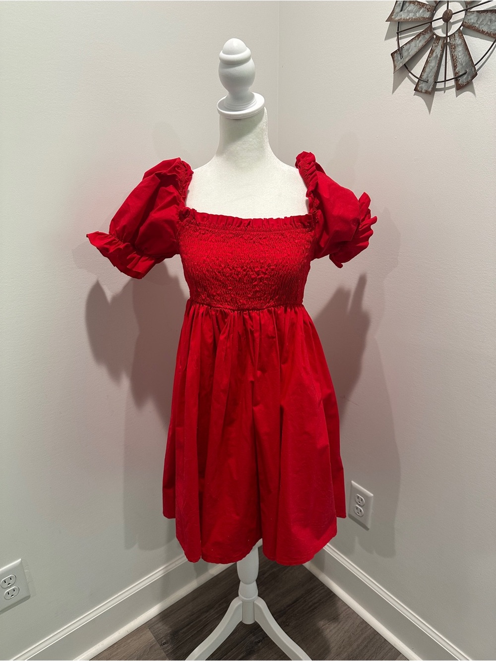 Red Smocked Puff-Sleeve women’s Dress